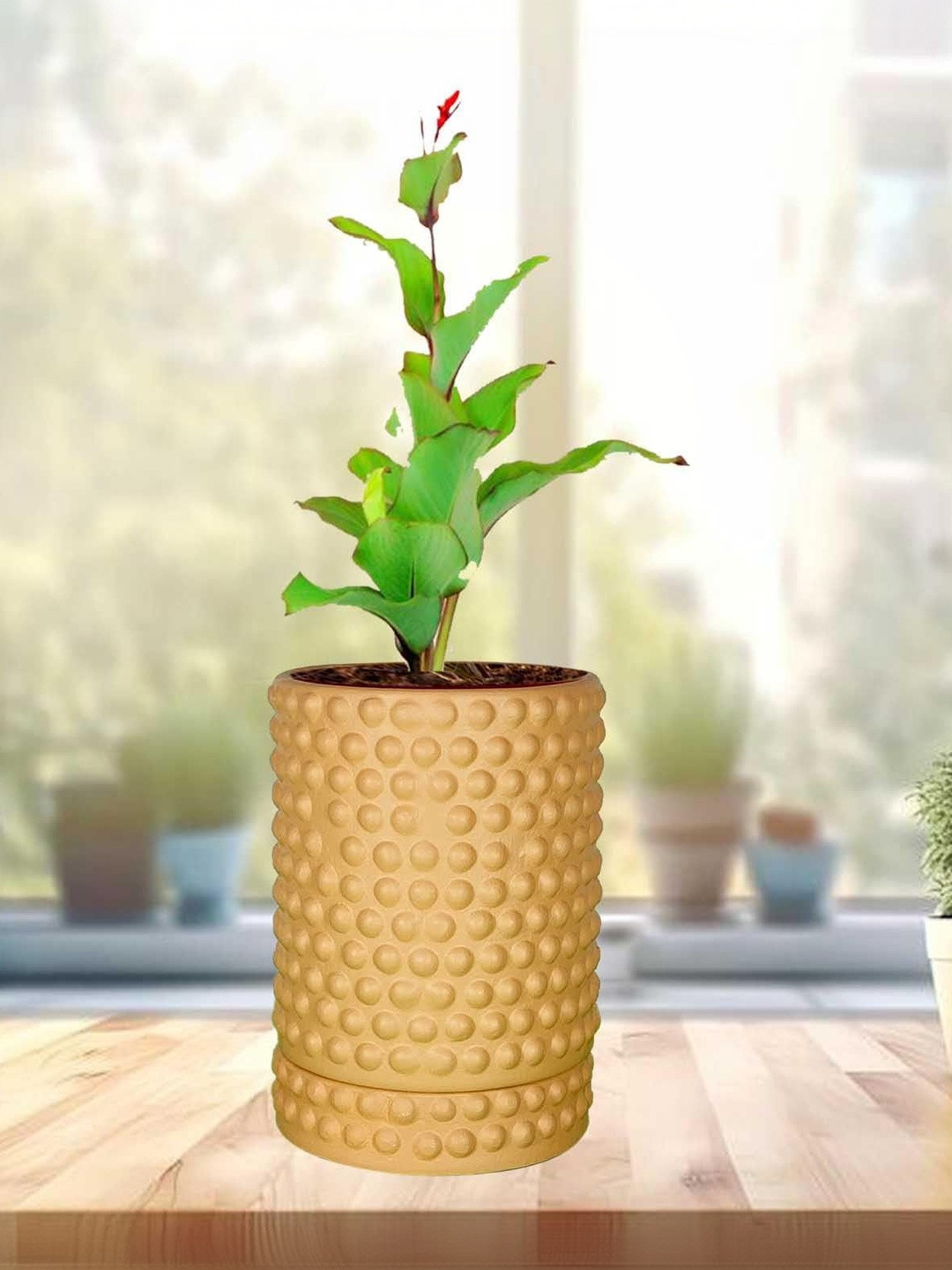 LASAKI Bubble Brown Ceramic Handmade Large Planter With Plate