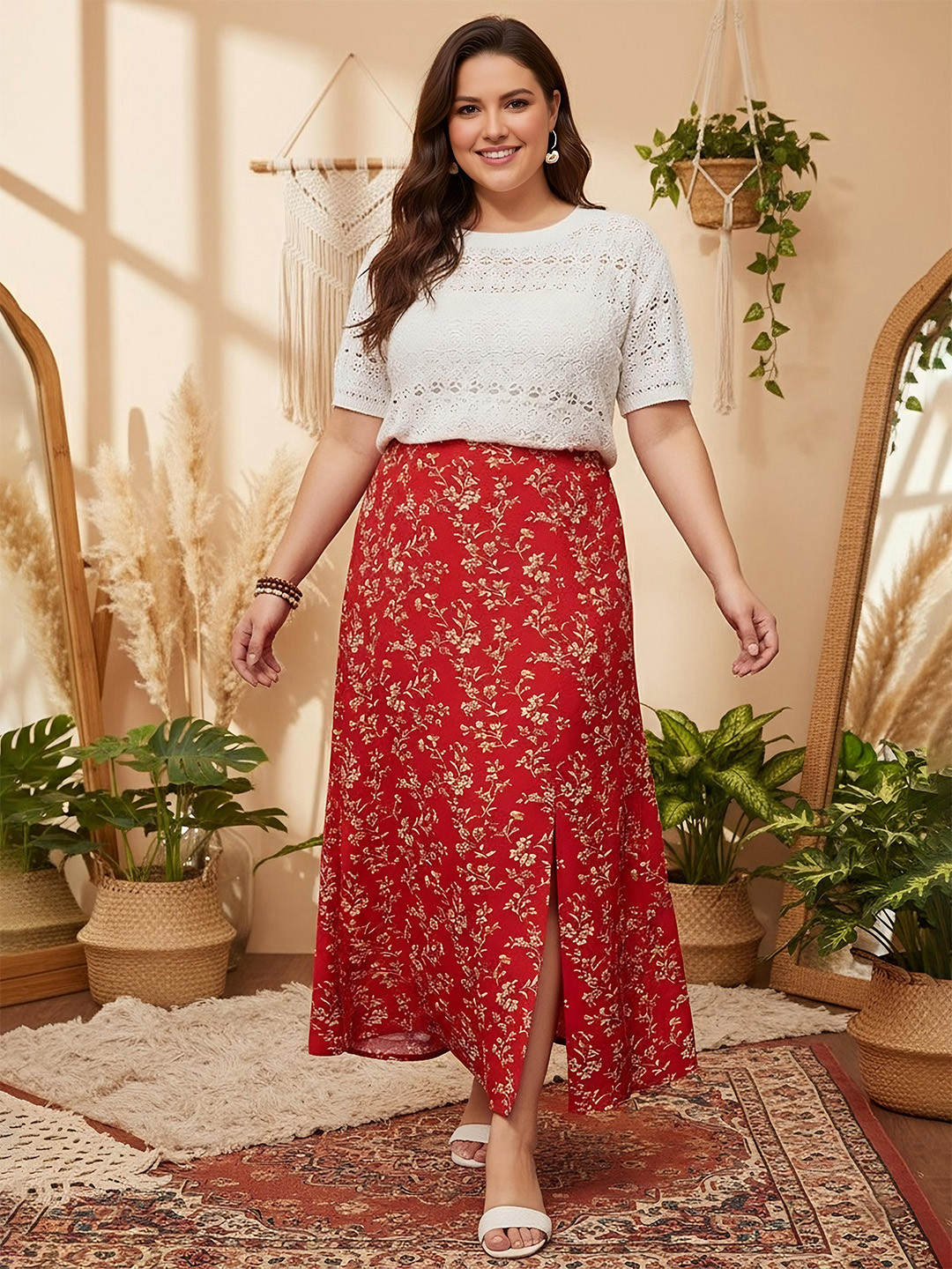 Berrylush Curve Plus Size Floral Printed Slide Slit A-Line Maxi Skirt