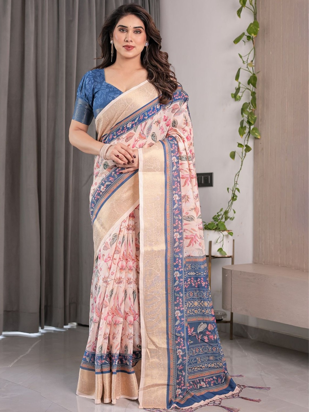 ALMAARI FASHION Floral Printed Pure Cotton Kanjeevaram Saree And Unstitched Blouse