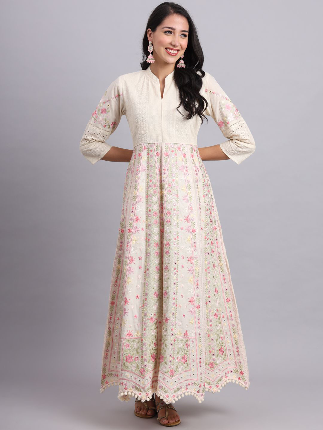 OOPL Women Floral Embroidered Chikankari White Romance Anarkali Kurta