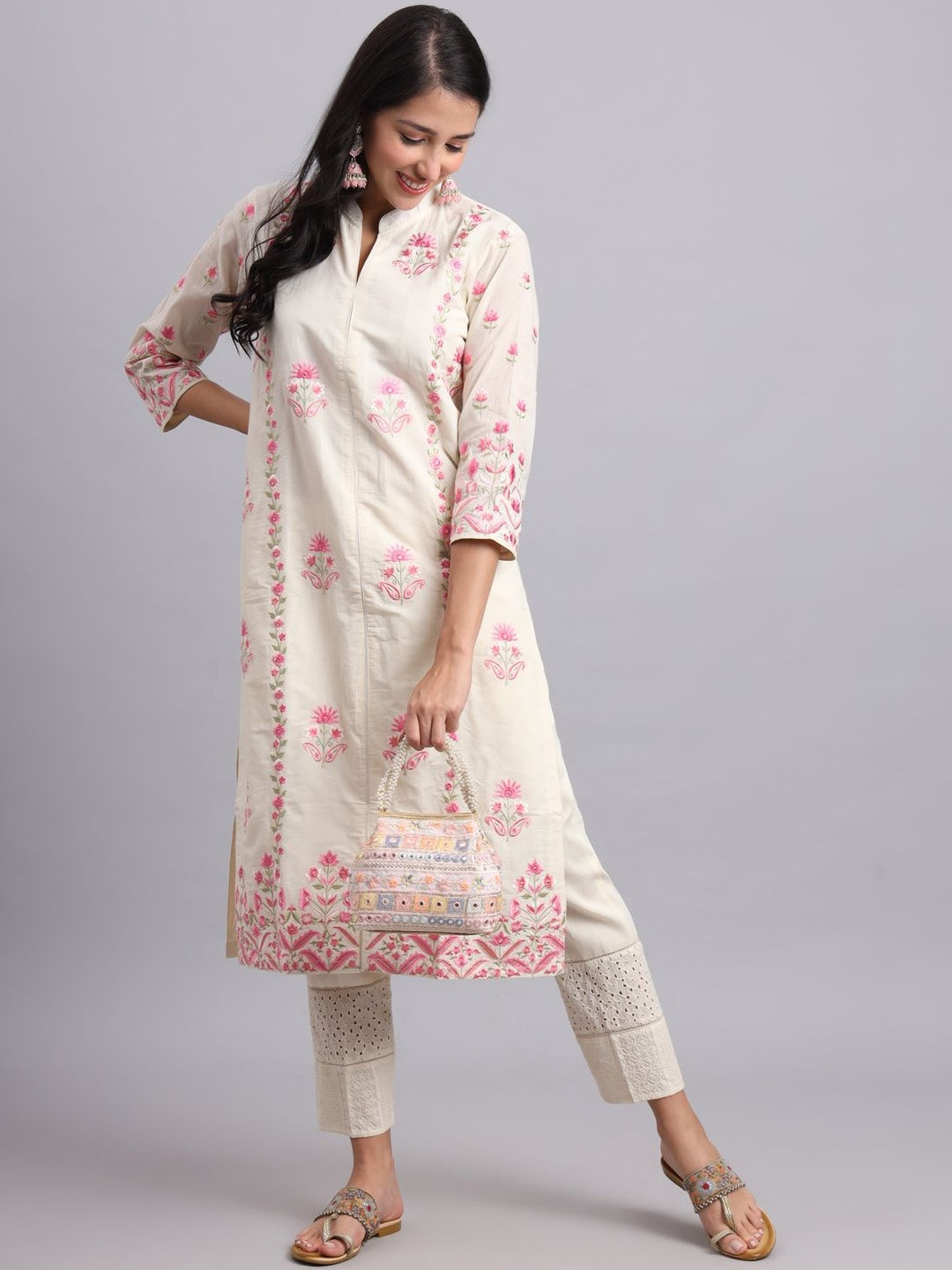 OS INTERNATIONAL Women Floral Embroidered Regular Thread Work Pure Cotton Kurta with Trousers