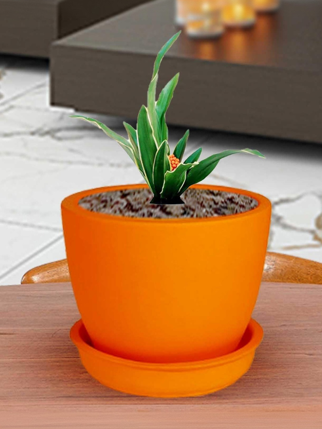 LASAKI Orange Ceramic Planter With Plate