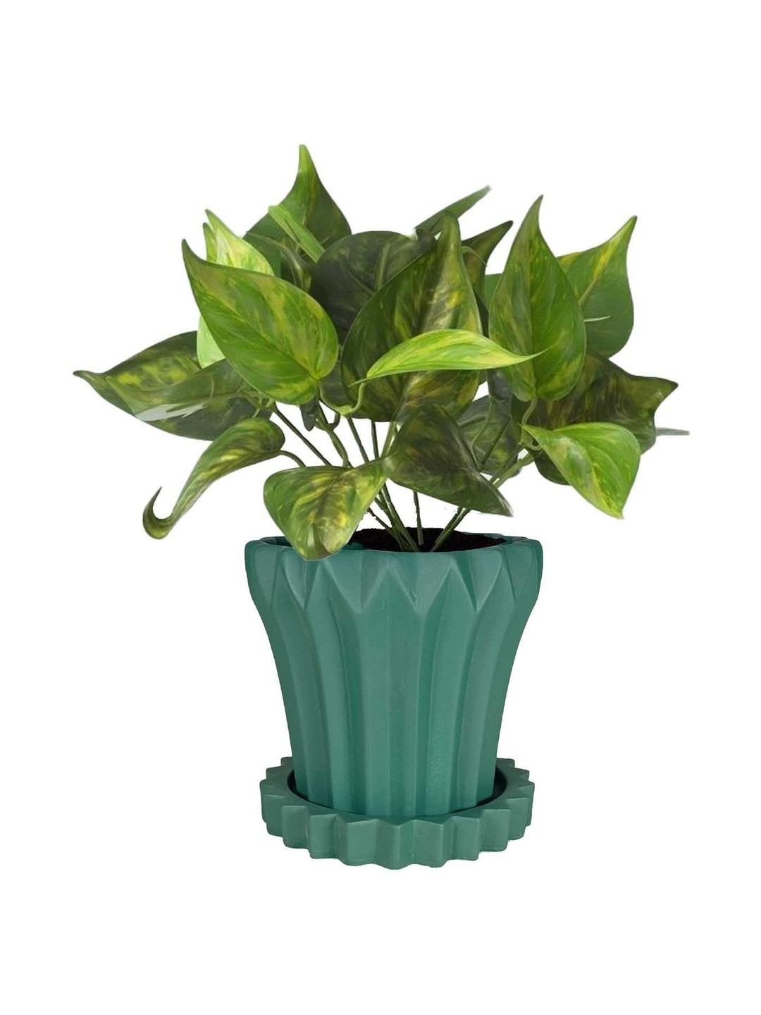 LASAKI Flory Green Textured Ceramic Planter With Plate