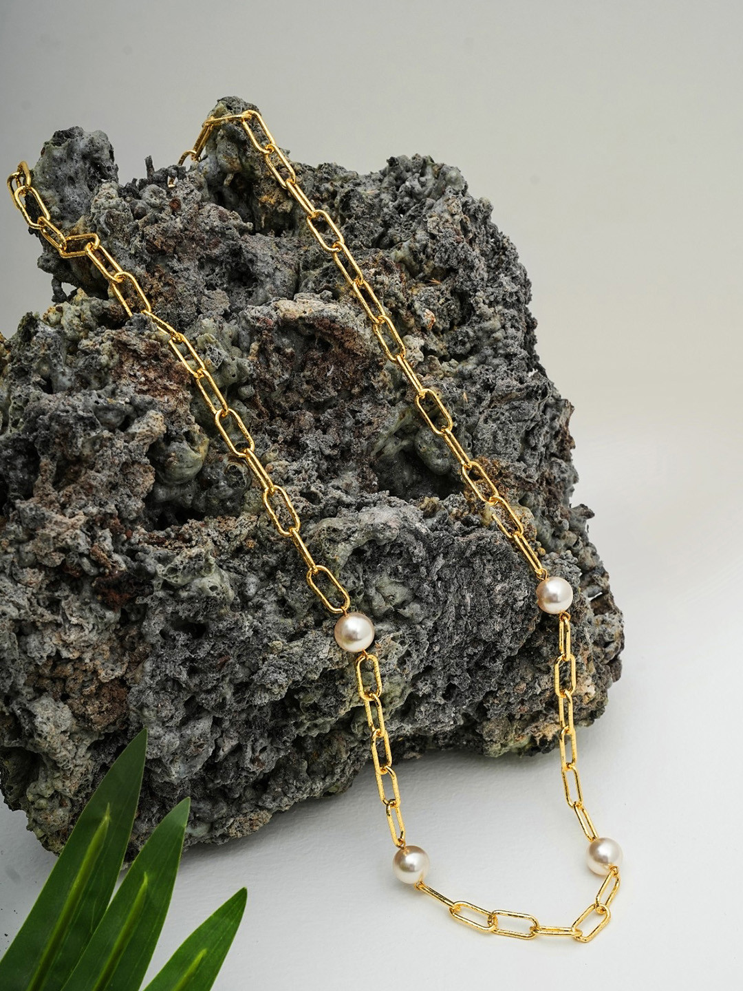 Basraa Brass Gold-Plated Pearl s Studded Link Chains Statement Necklace