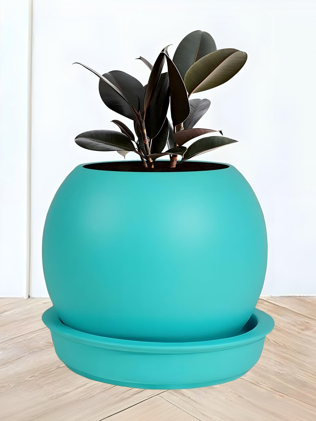 LASAKI Peblo Aqua-Blue Ceramic Planter With Plate