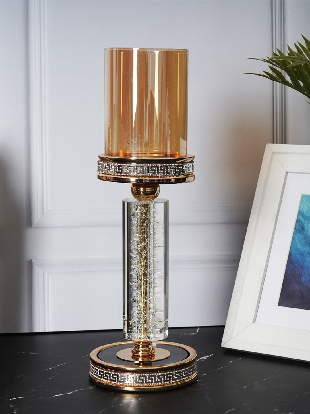 AARVI DECOR STUDIO Gold-Toned & Brown Crystal Glow Candlestand