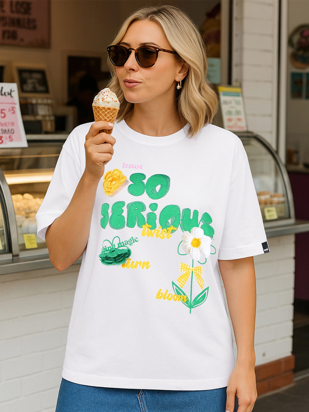 Bewakoof Heavy Duty Women Bright White Graphic Printed Oversized T-shirt
