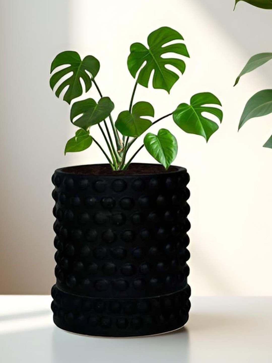 LASAKI Bubble Black Ceramic Handmade Small Planter With Plate