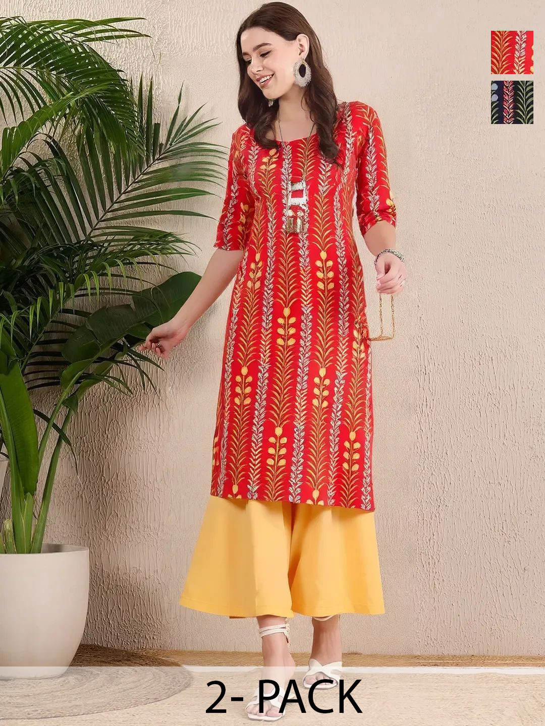 SZN Selection Of 2 Floral Printed Round Neck Straight Indie Florals Kurtas