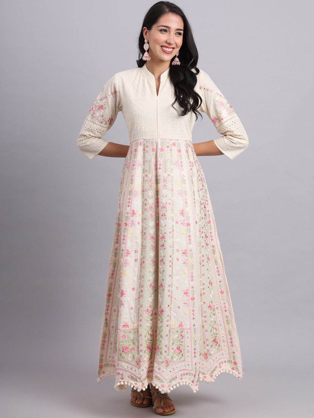Advance Enterprise Women Floral Embroidered Mirror Work Indie Florals Anarkali Kurta