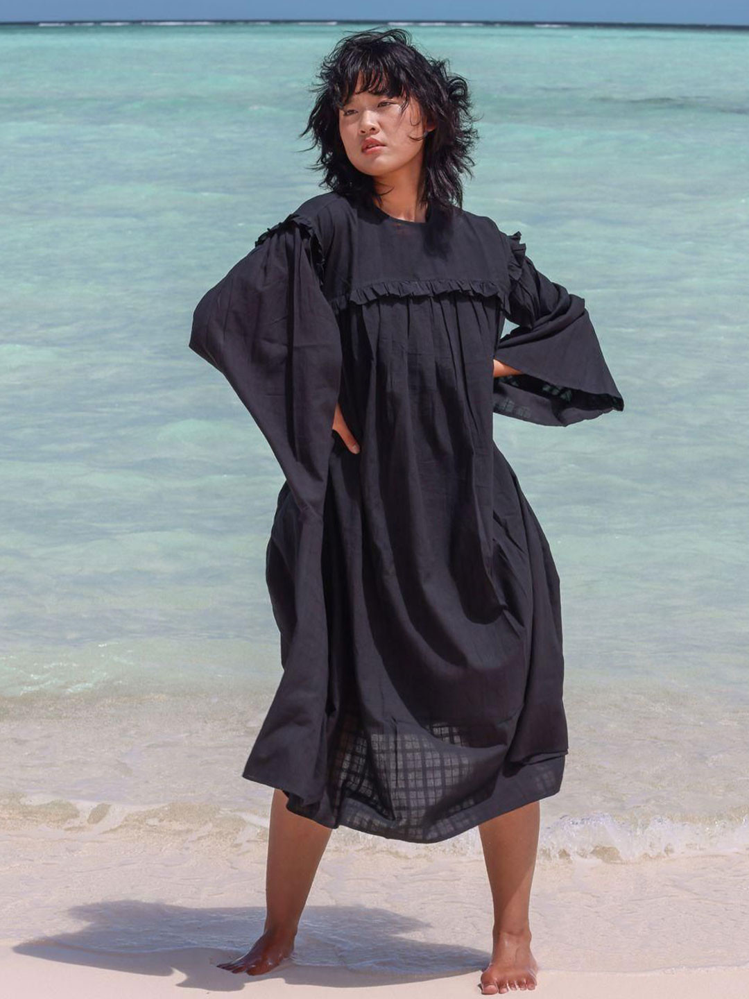 RAAS LIFE Flared Sleeve Ruffled Kaftan Dress