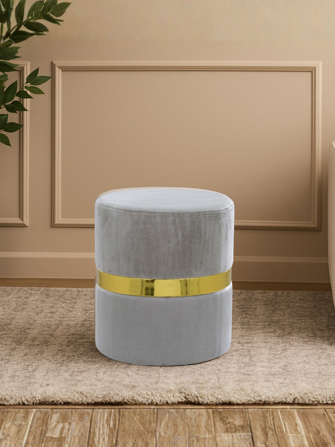 Royaloak Grey & Gold Cylindrical Ottoman