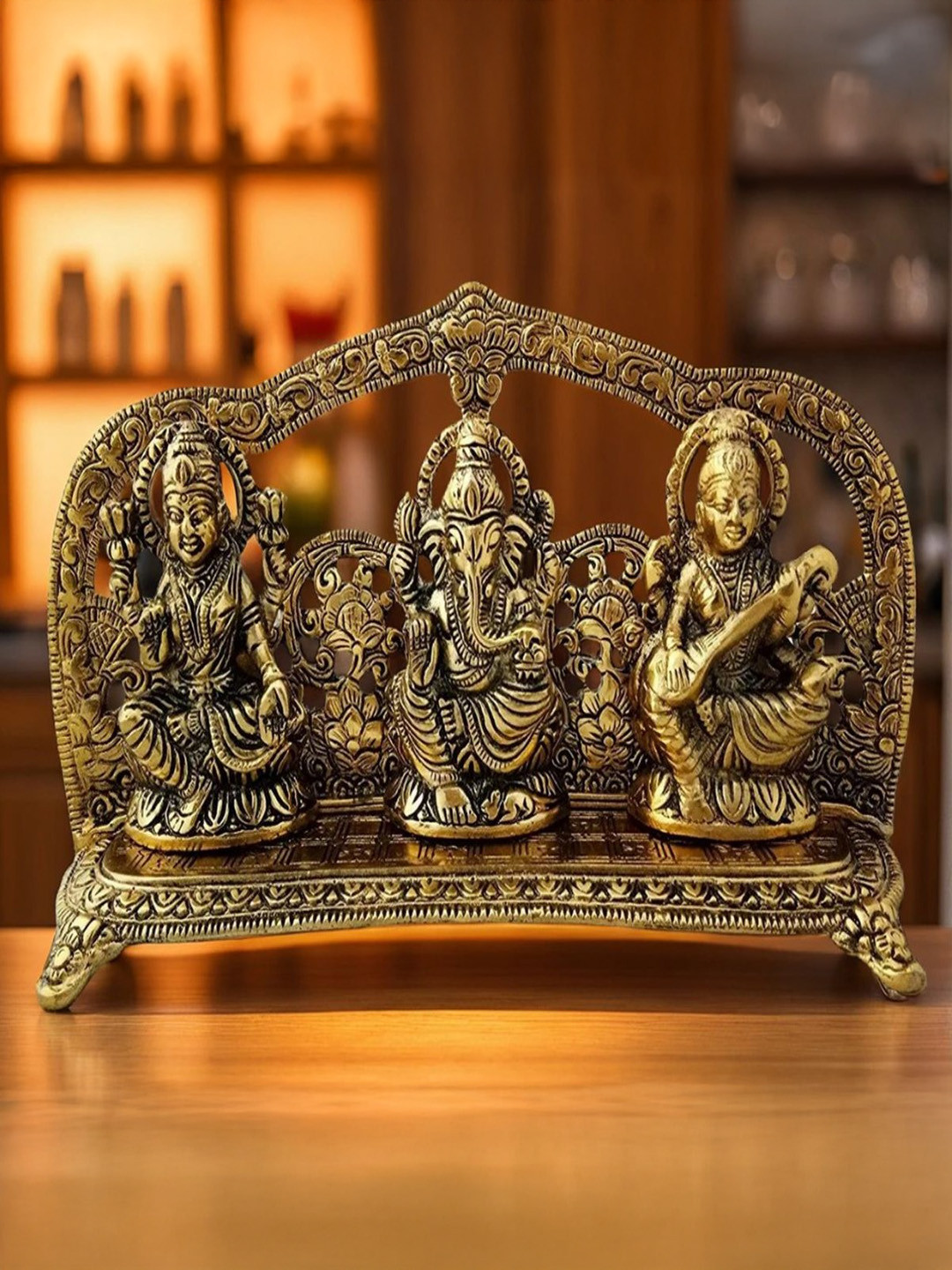 Heaven Decor Gold-toned And Black 3 Pieces Textured Religious Idol Glossy Showpieces