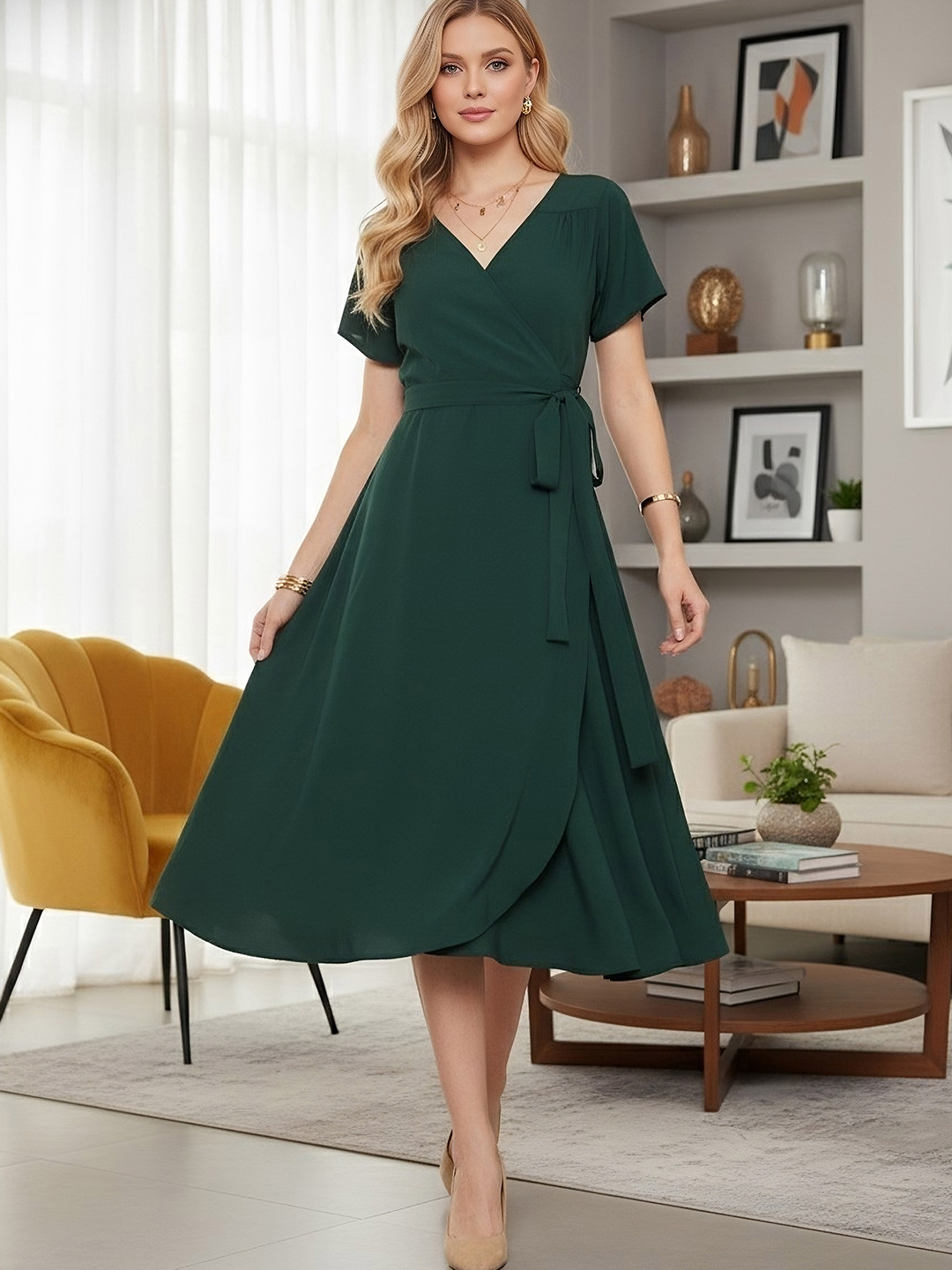 Berrylush Green Crepe Midi Wrap Dress