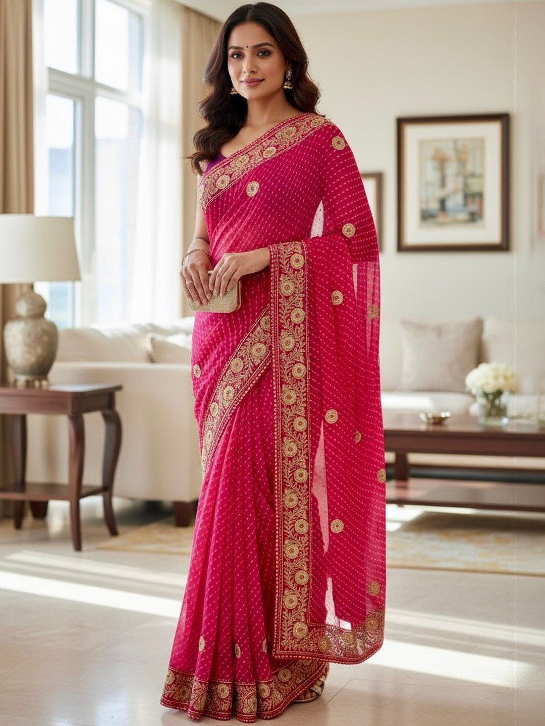 D tales Poly Georgette Bandhani Saree