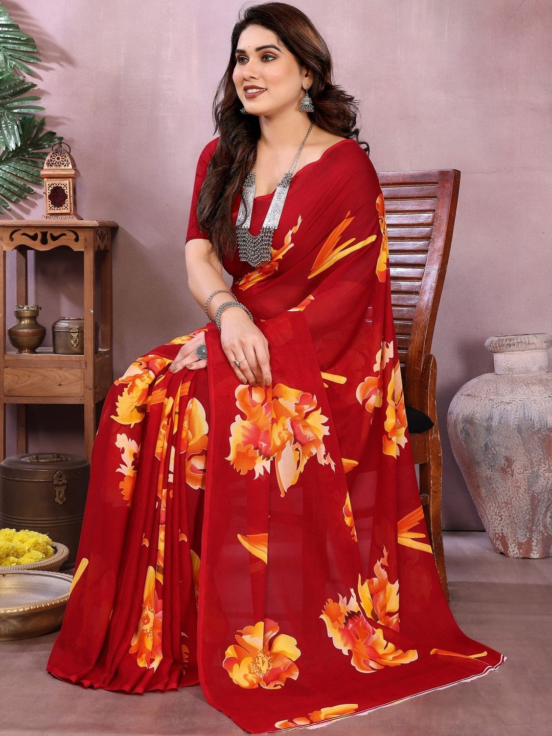vj fashion Floral Printed Pure Georgette Saree with Blouse Piece