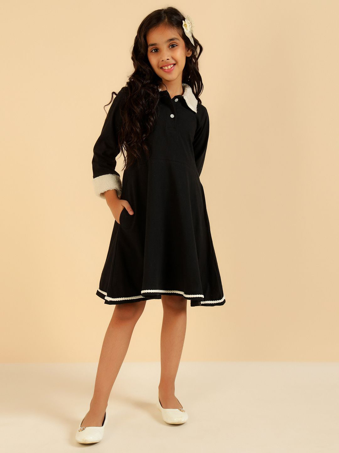 Bugandbees Girls Full Sleeves Polo Collar Cotton A-Line Dress