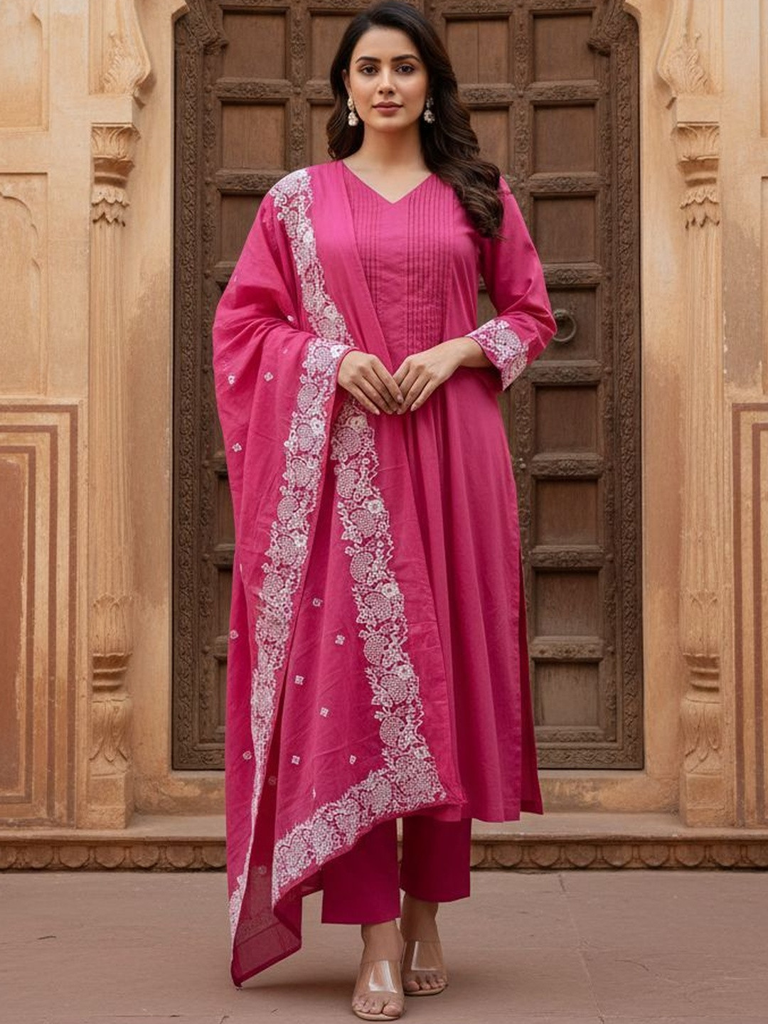 Philauri Striped Yoke or Border A-Line Pleated Kurta With Trousers & Dupatta