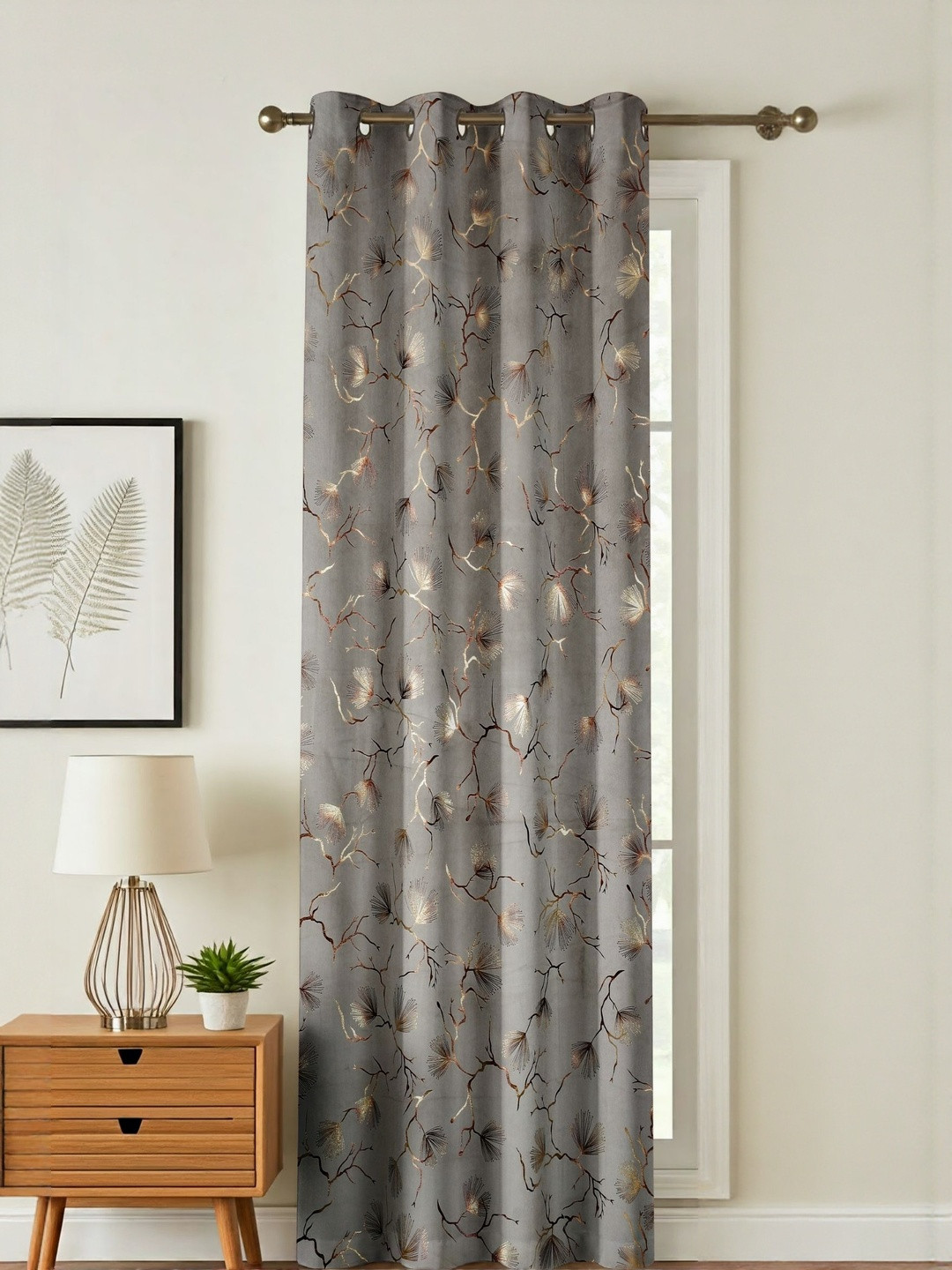 GEET CREATIONS Grey Botanical Fade Resistant Velvet Room Darkening Door Curtain