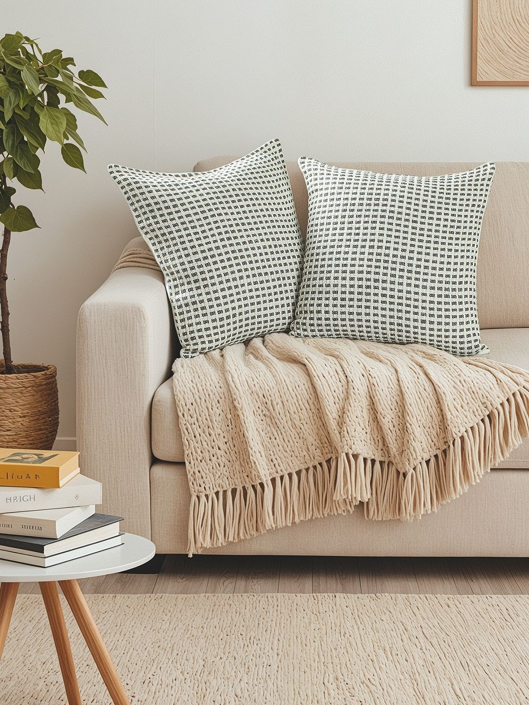 House This Girnar Grey & White 2 Pieces Checked Textured Cotton Square Cushion Covers