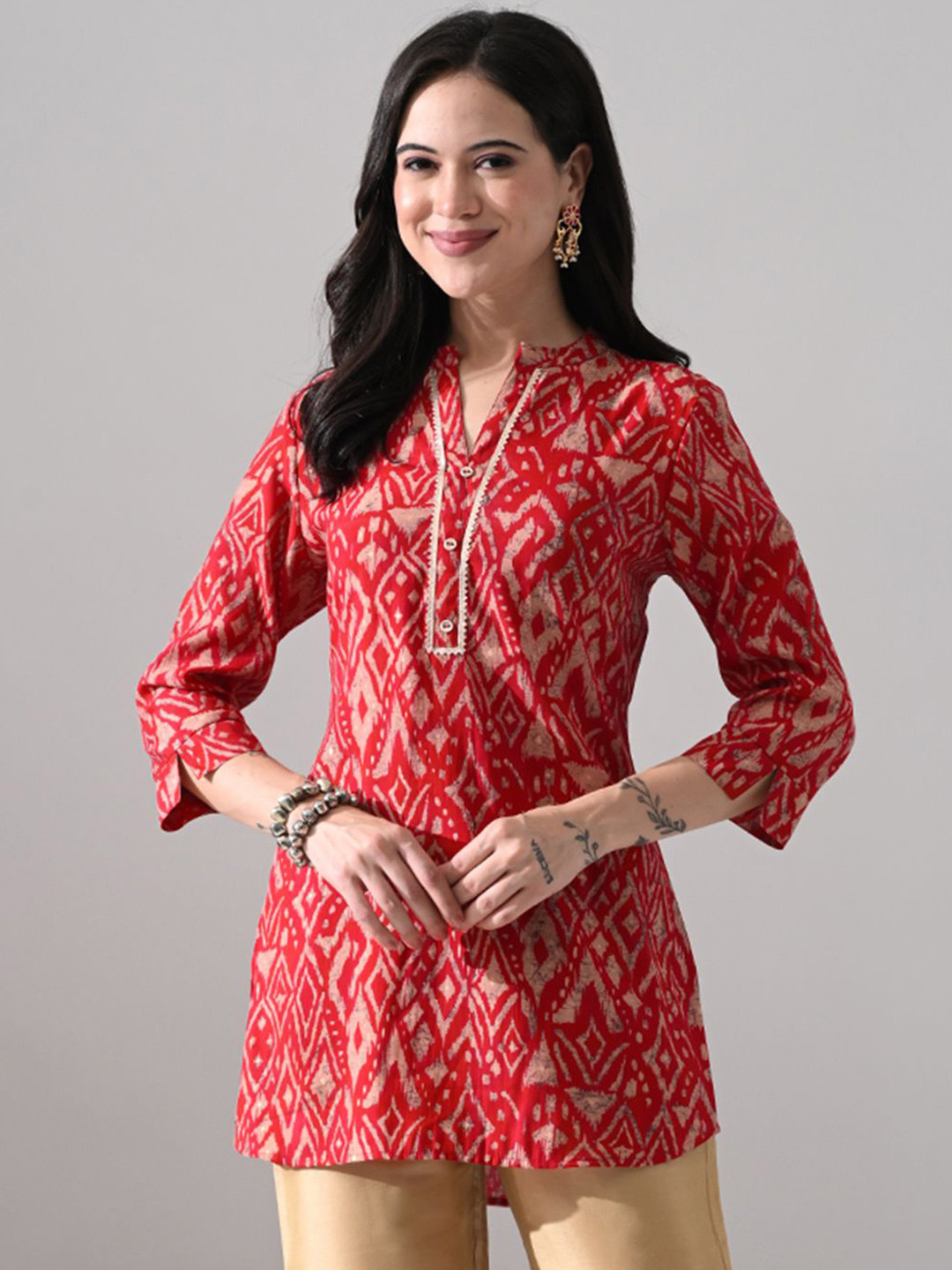 MEESAN Women Ethnic Printed Mandarin Collar Button Tunic