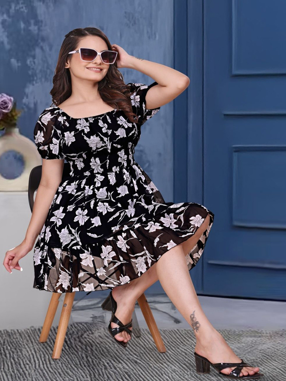 ORSUMSTYLE Women Floral Printed Tiered Fit & Flare Dress