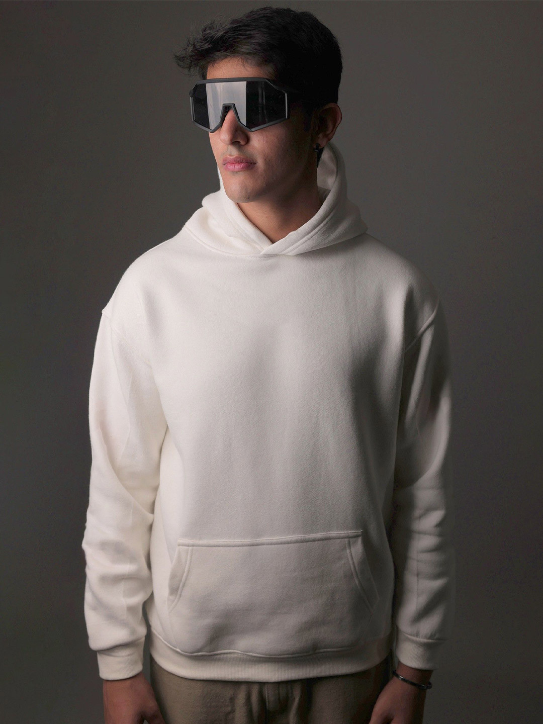 WHITE HUSK Cotton Oversized Hooded Sweatshirt