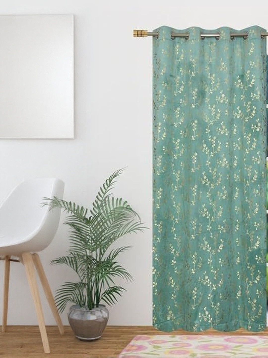 GEET CREATIONS Blue & Gold Self Design Room Darkening Long Door Curtain