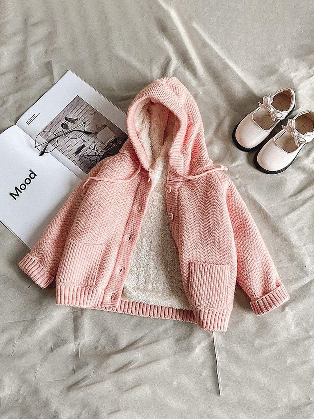 YK Girls Chevron Self-Design Hooded Cardigan with Inner Faux Fur