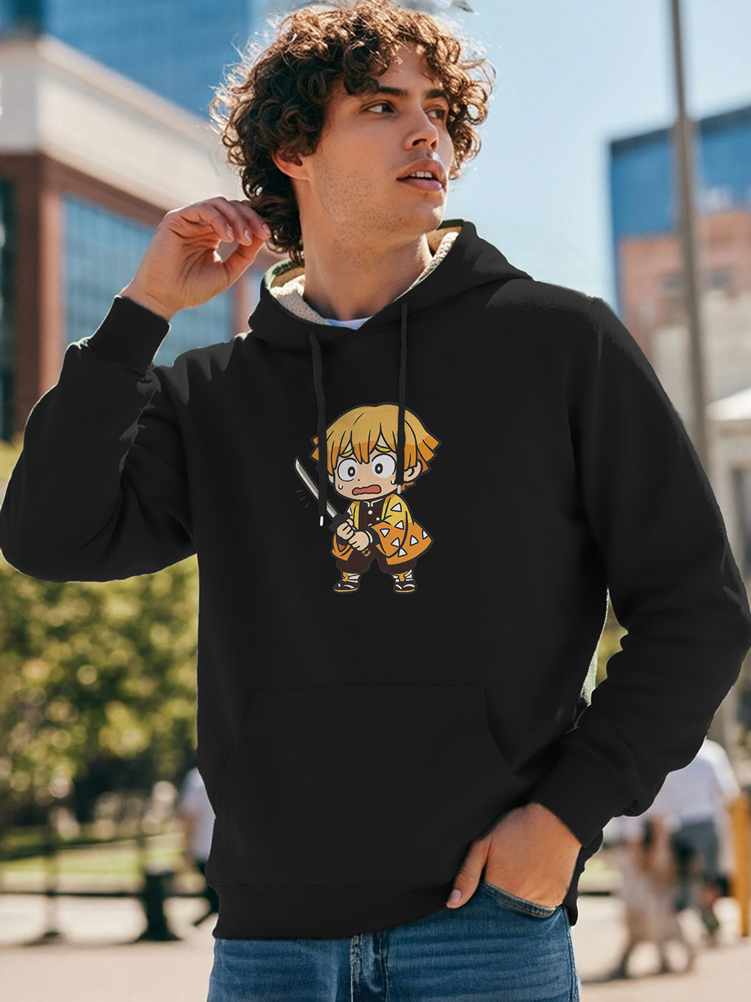 MaverIQ Men Black Cotton Long Sleeves Kangaroo Pocket Hooded Pullover Sweatshirt