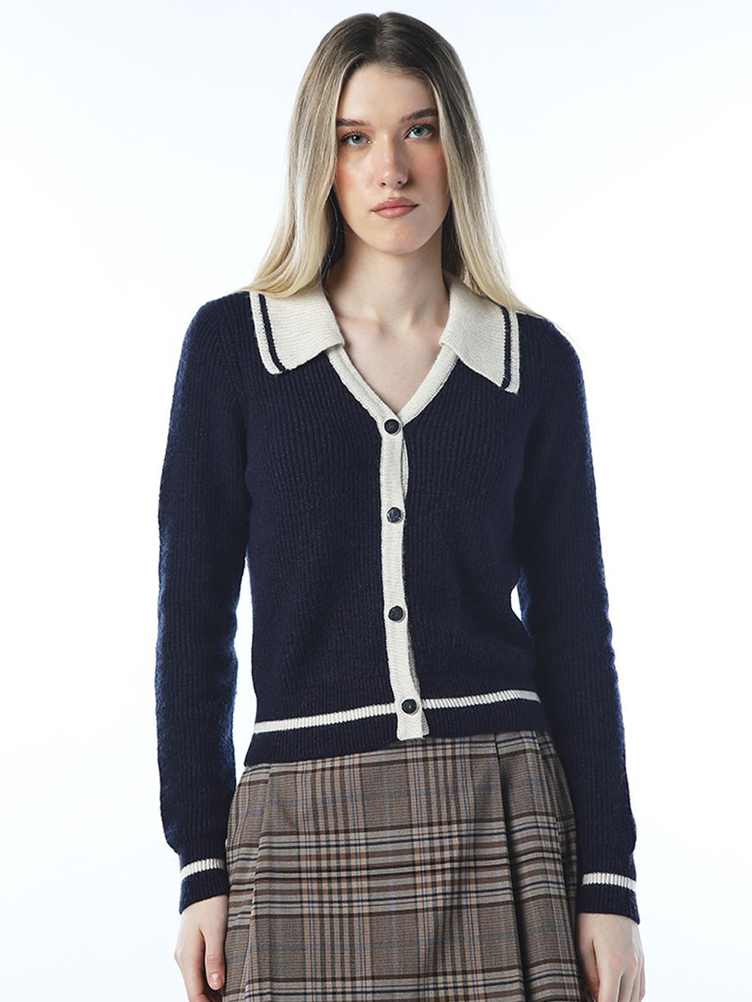ONLY Women Shirt Collar Colourblocked Cardigan With Fuzzy Detail