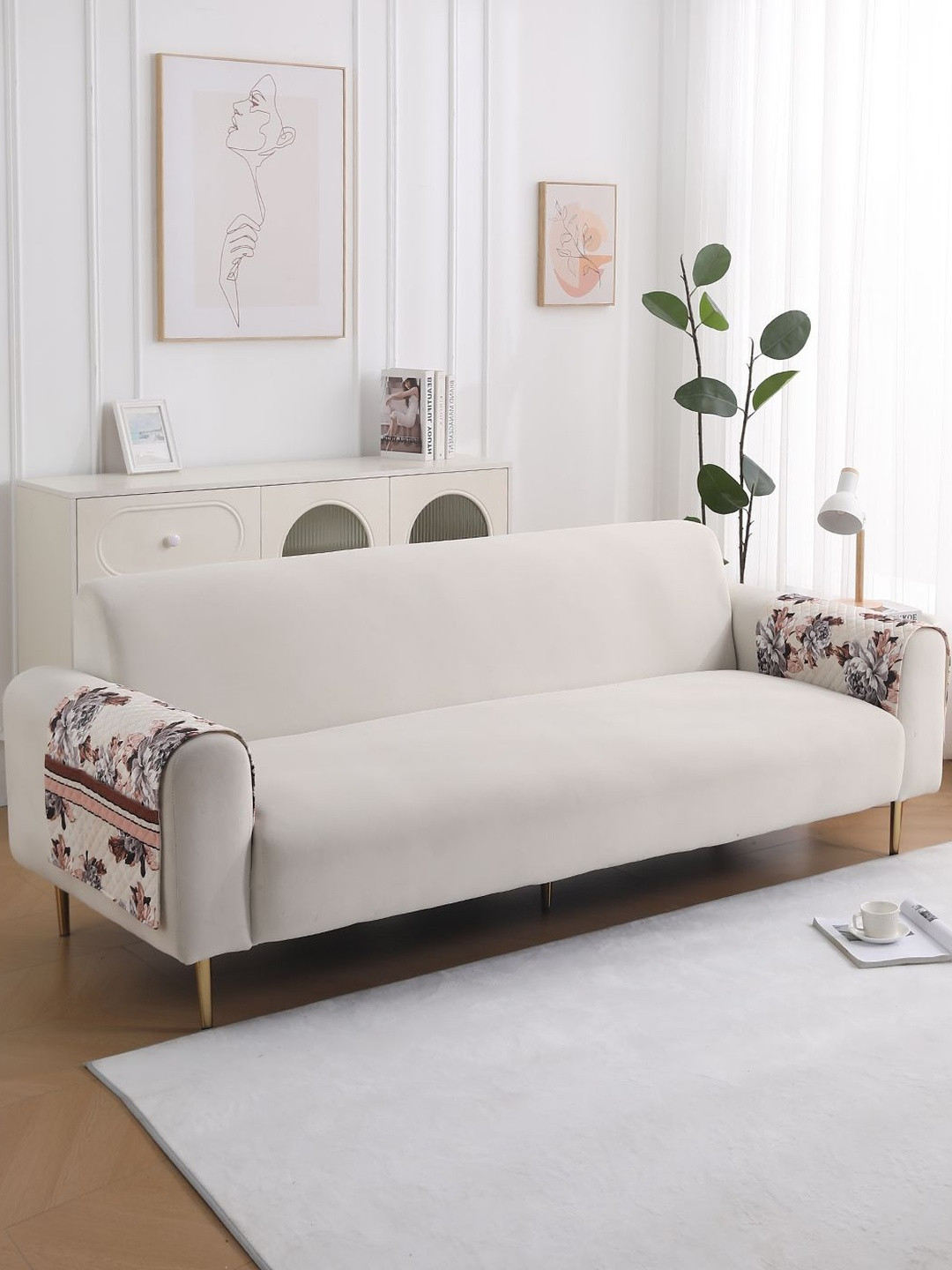 HOKIPO LiefNest Beige 2 Pieces Printed Holland Velvet Sofa Arm Cover with Foam Filling