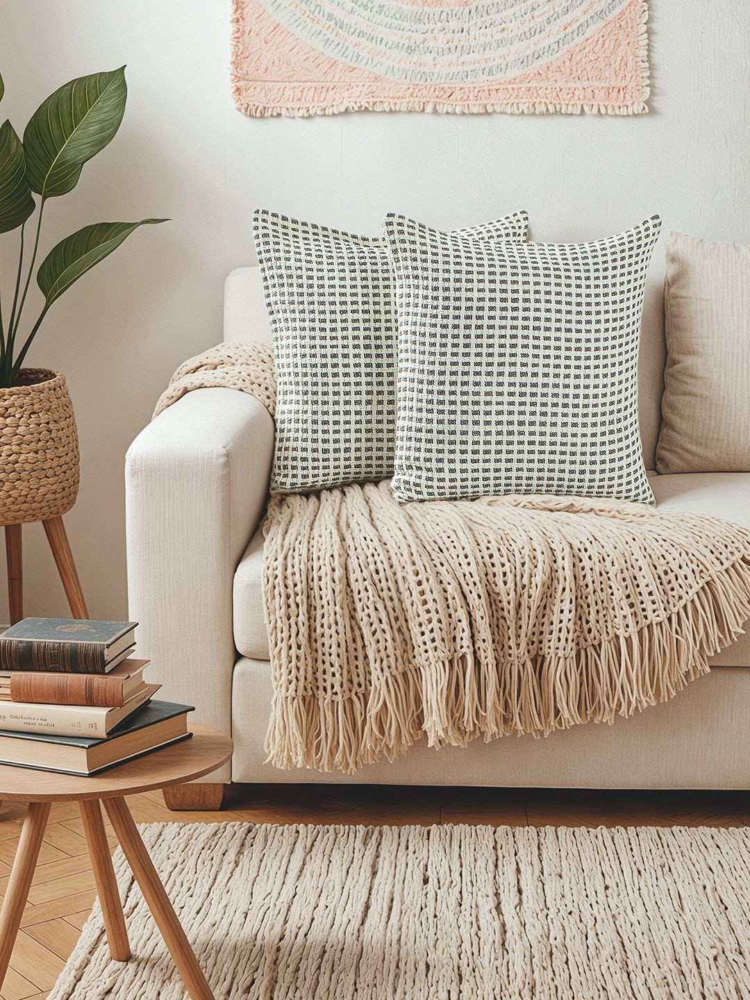 House This Girnar Grey & White 2 Pieces Checked Textured Cotton Square Cushion Covers