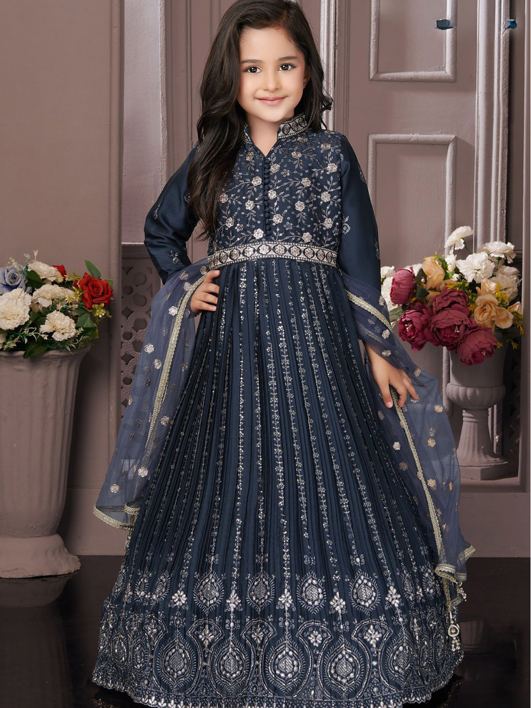 Lagorii Girls Mandarin Collar Embroidered Long Ethnic Gown With Dupatta