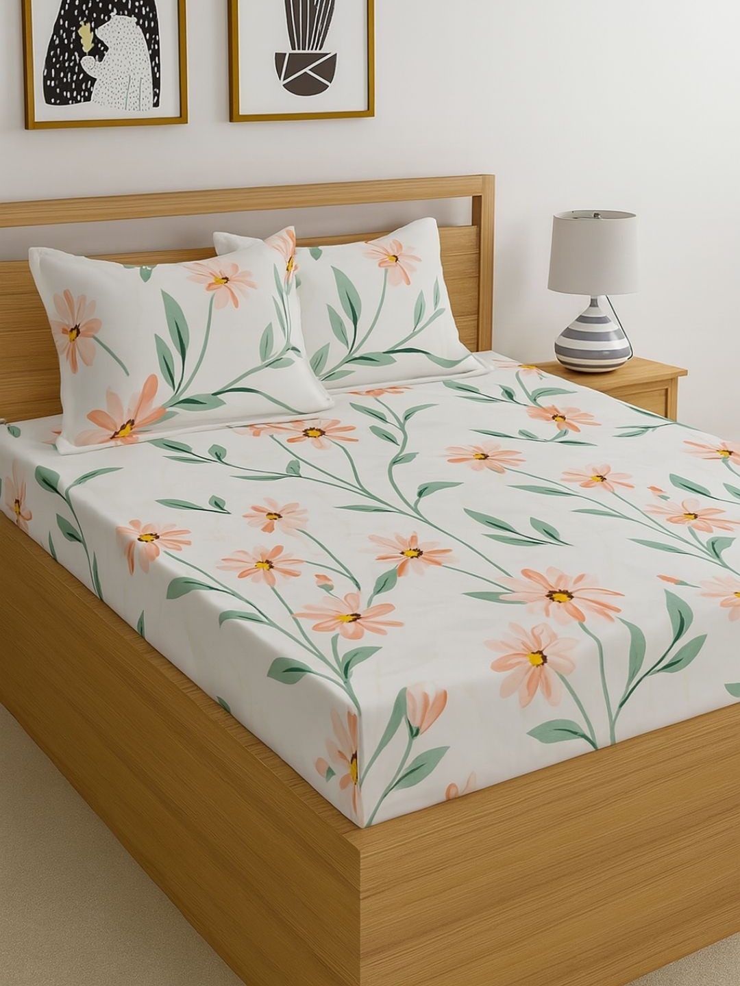 INDHOME LIFE White Floral Printed Cotton 210TC Double King Bedsheet Set-2.28mx2.28m