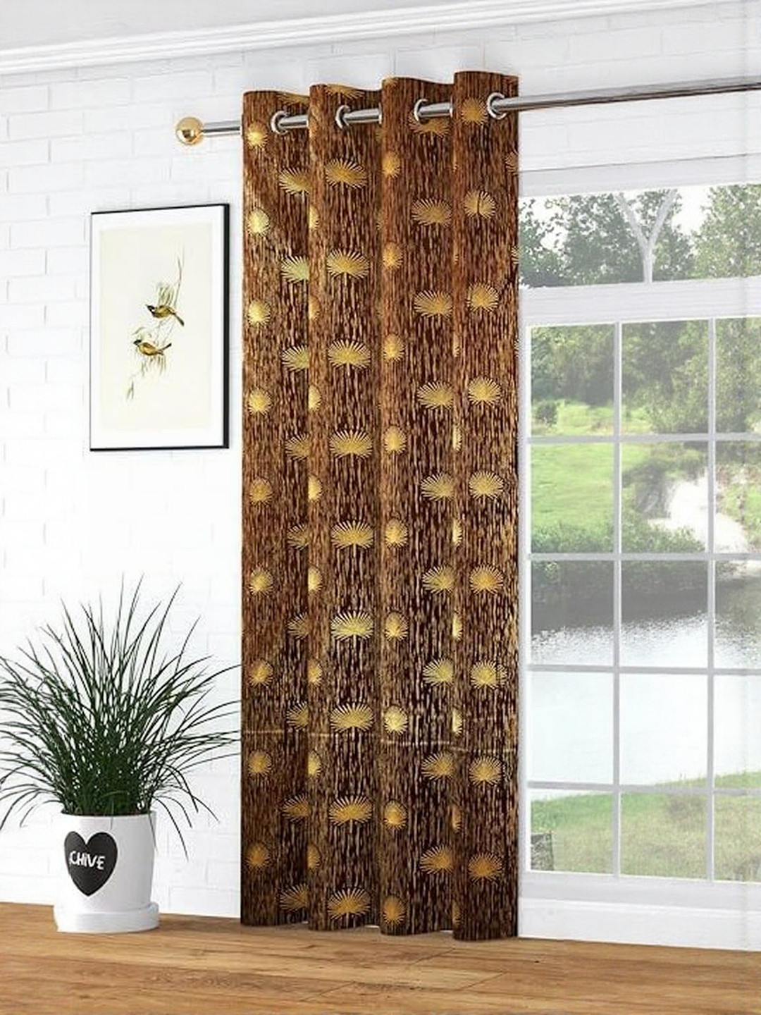 GEET CREATIONS Brown & Gold Self Design Room Darkening Long Door Curtain