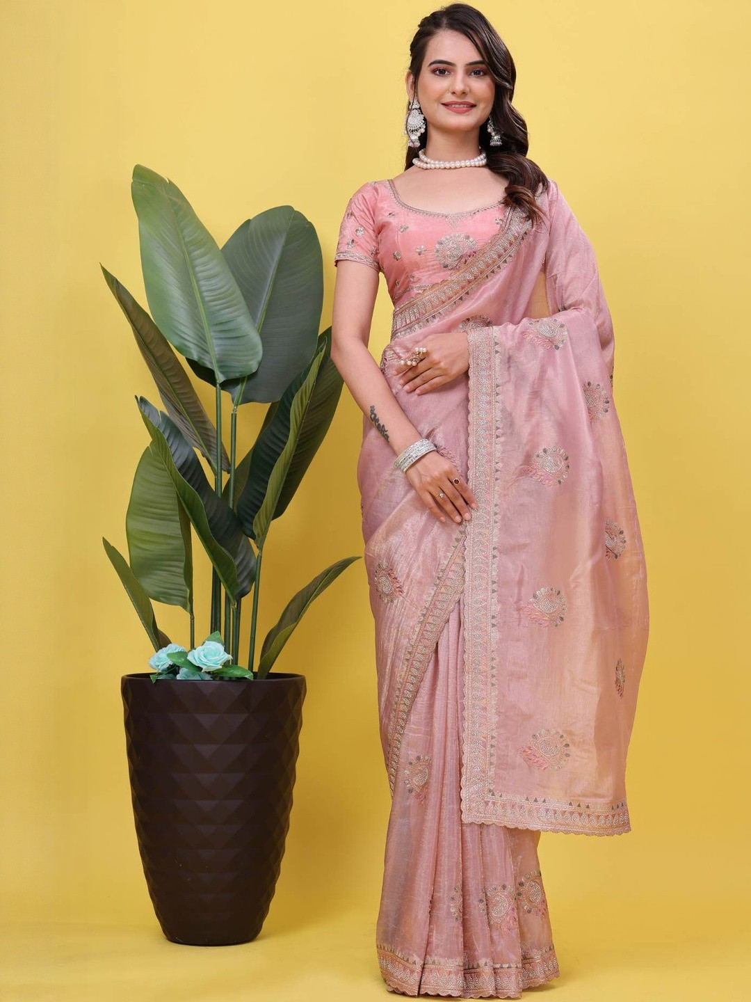 PARROT CREATION Embellished Embroidered Satin Saree with Unstitched Blouse Piece