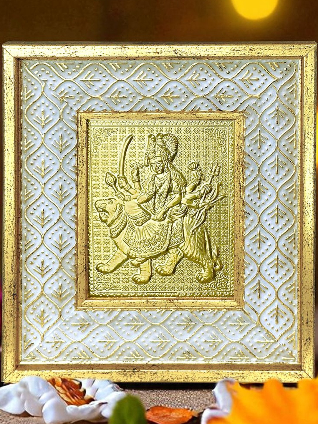 Art Street Gold Toned And White Self Design Ma Durga Photo Frame