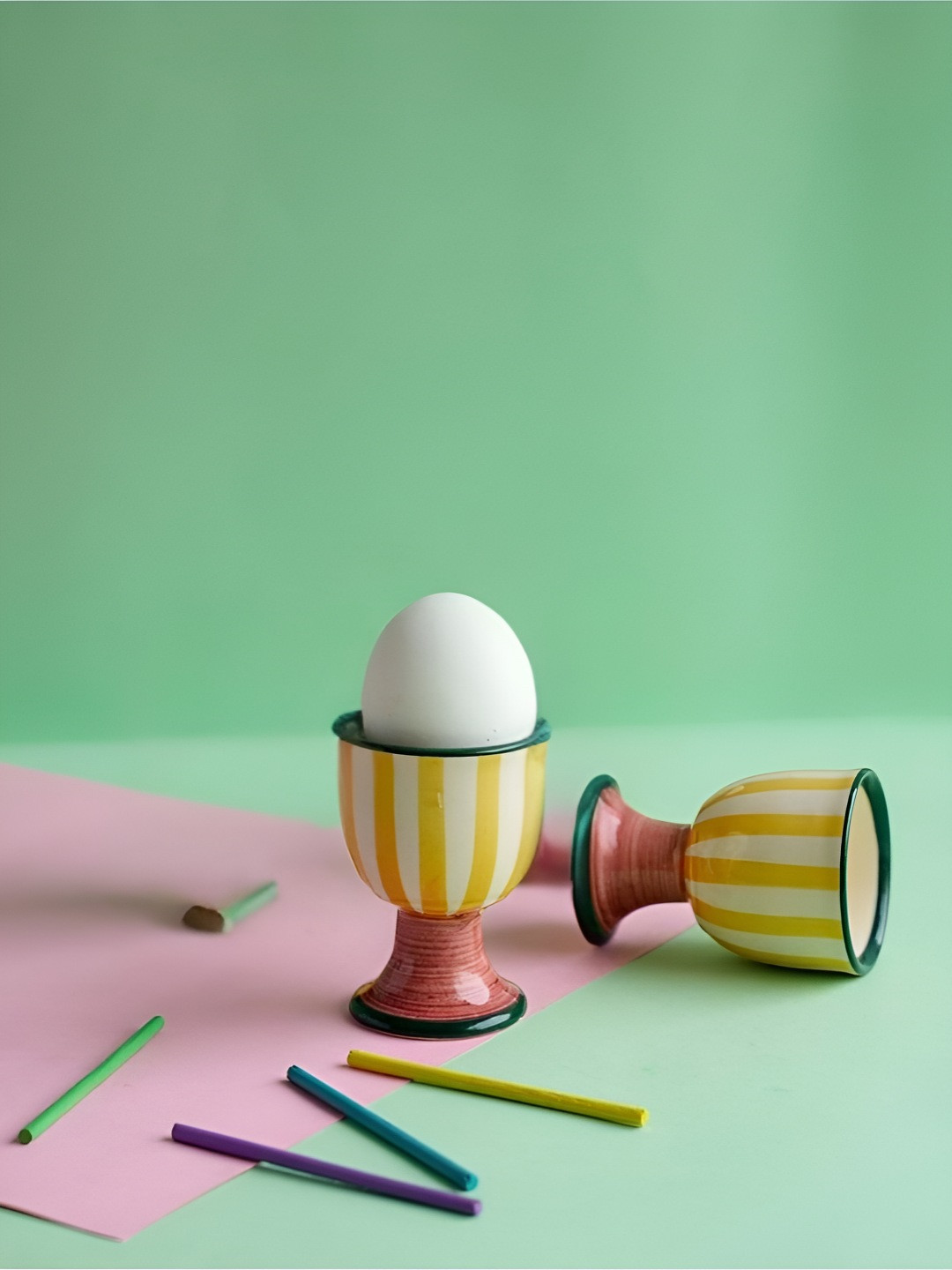 FREEDOM TREE Joyee Yellow & Green 2 Pieces Printed Ceramic Safe Egg Keepers