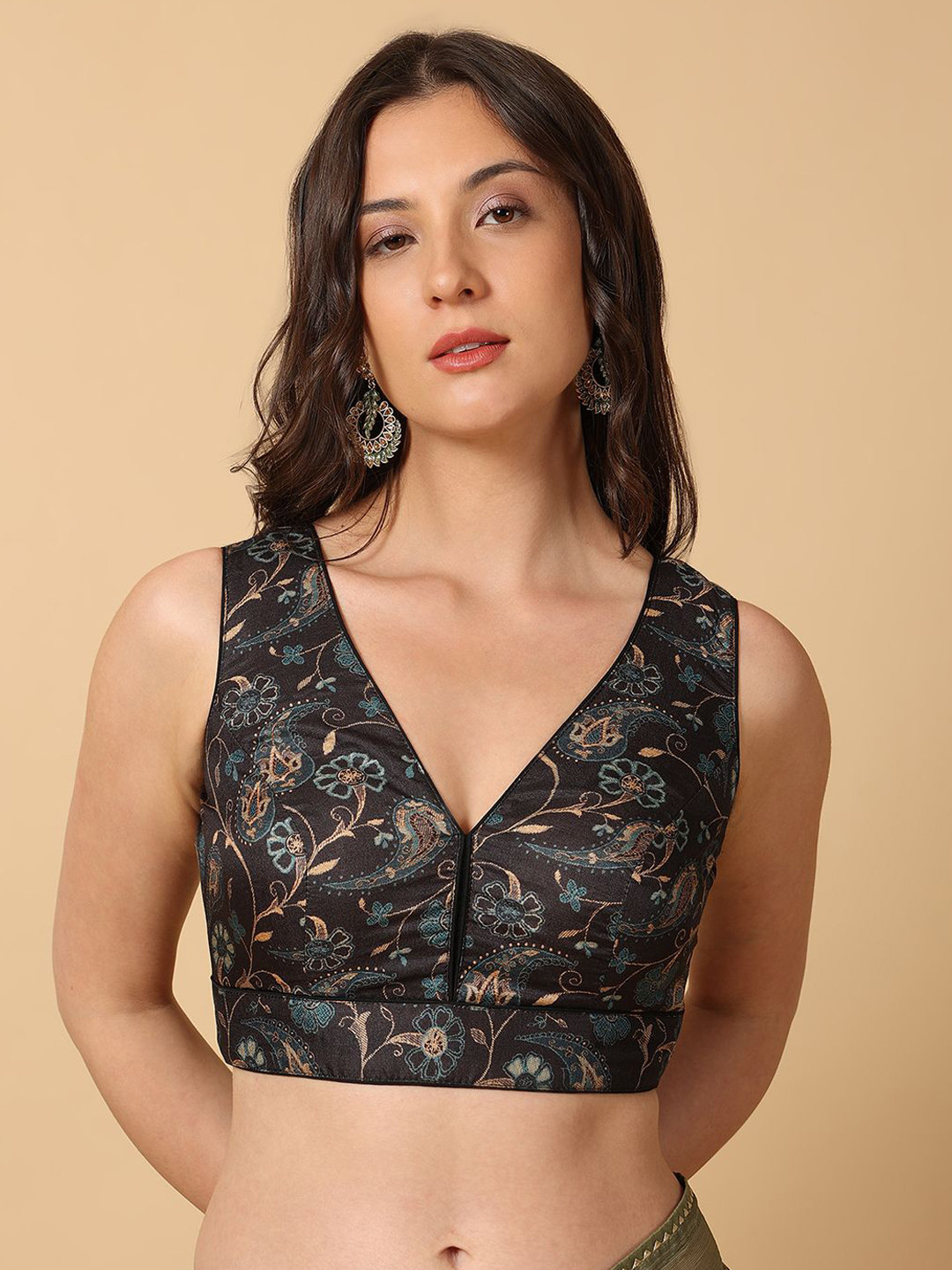 Niraha Printed Silk V-Neck Saree Blouse