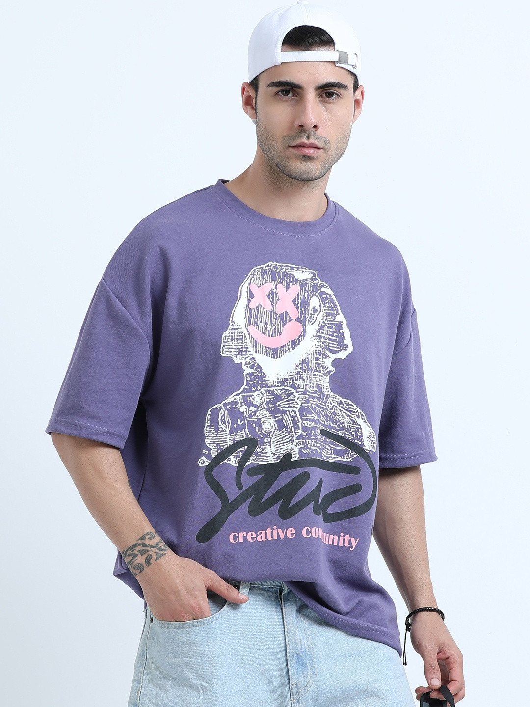 Purple Graphic Printed Oversized Round Neck T-shirt