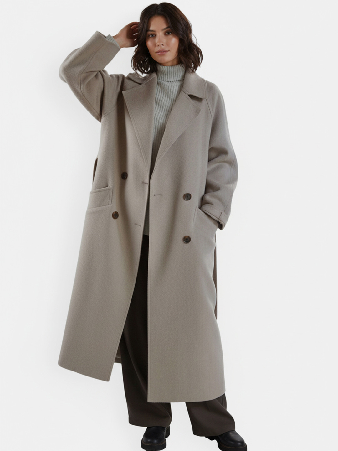 all about you Women Notched Lapel Collar Double-Breasted Front-Open Overcoat