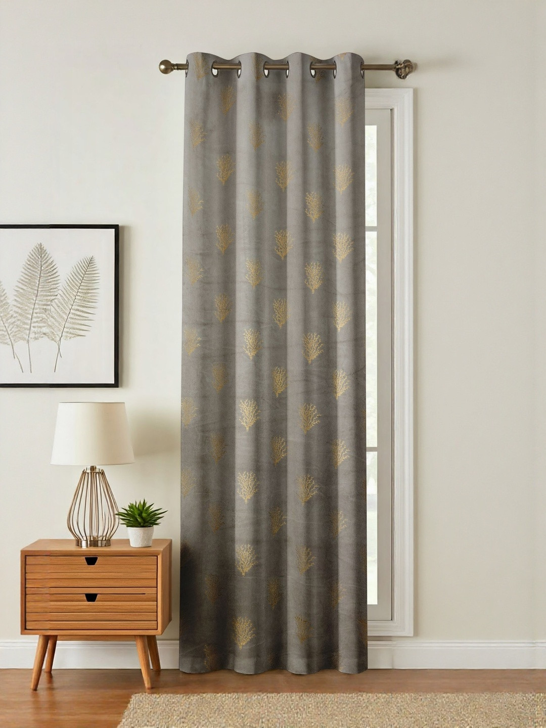 GEET CREATIONS Grey & Gold Single Floral Velvet Room Darkening Window Curtain