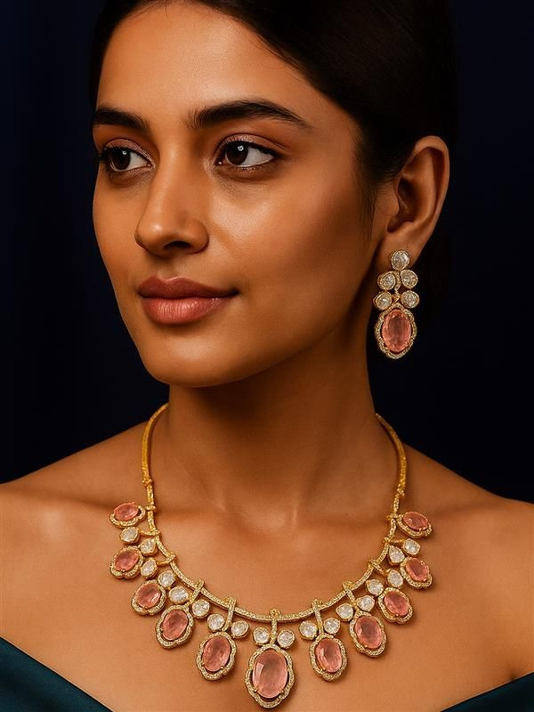 TREEMODA Women Exclusive Hand Crafted Golden Polish Semi Precious Doublet Jewellery Set