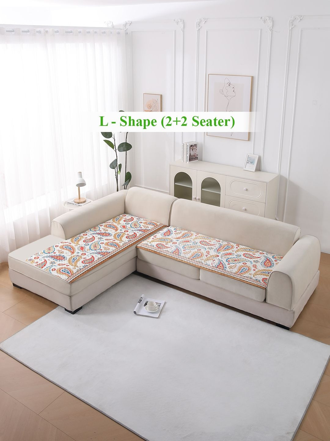 HOKIPO LiefNest White 2Pc Printed Velvet L Shape 4 Seater Sofa Cover Mat with Foam Filling