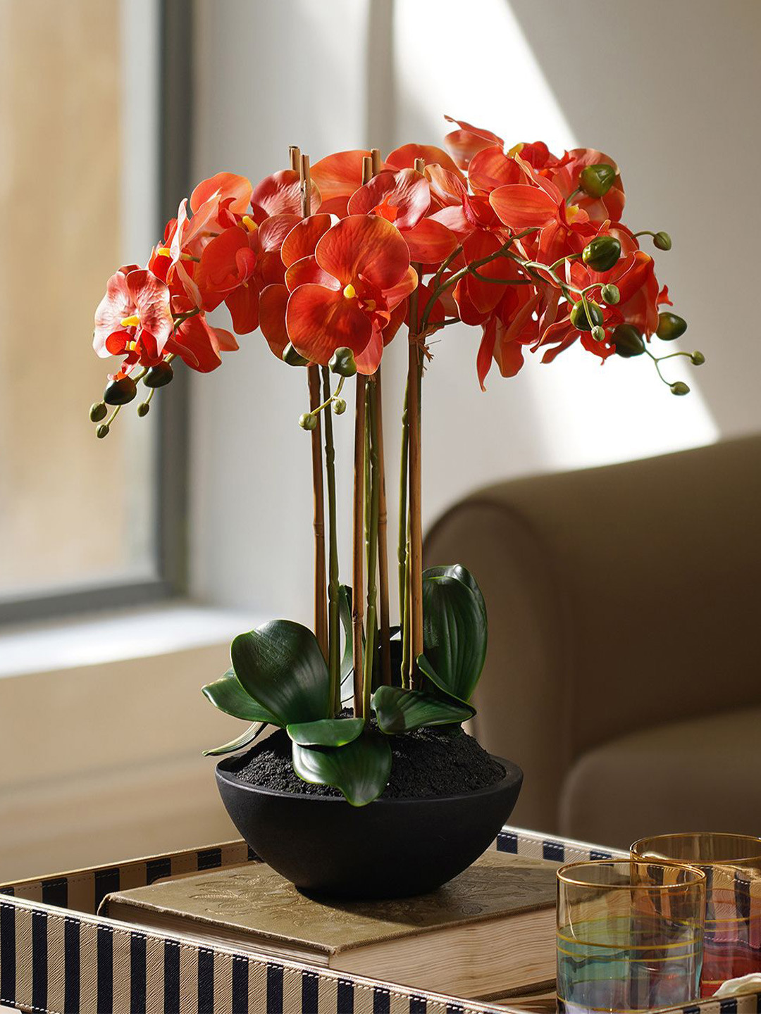Pure Home and Living Orange Colored & Black Artificial Orchid Flower in Pot