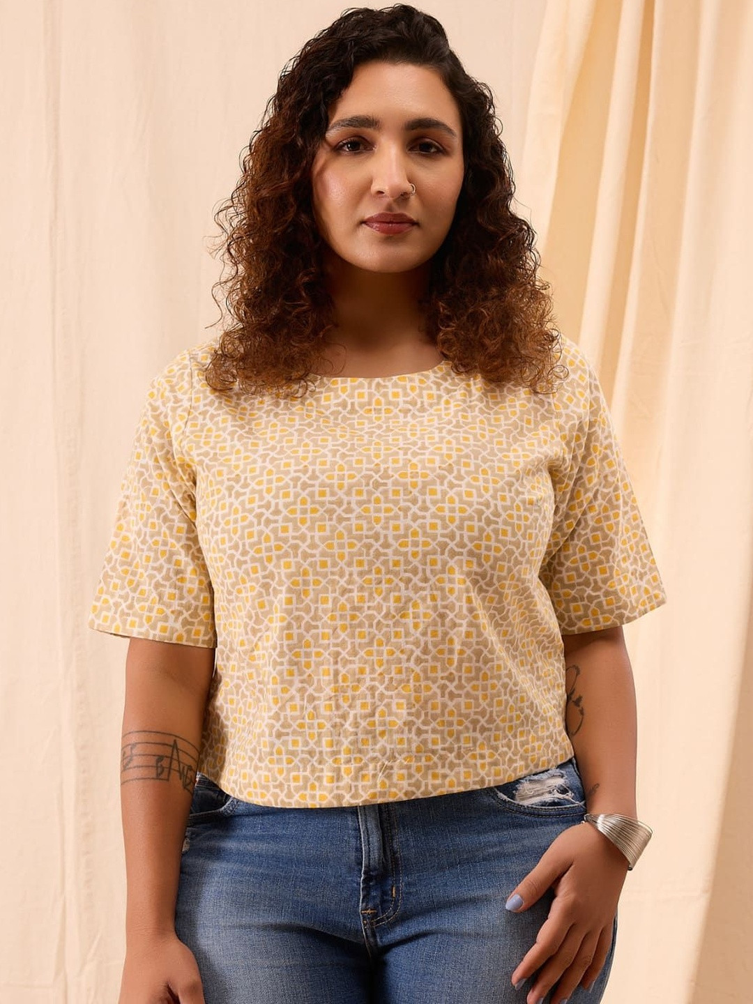 Nilam India Women Hand Block Printed Round Neck Organic Cotton Crop Top