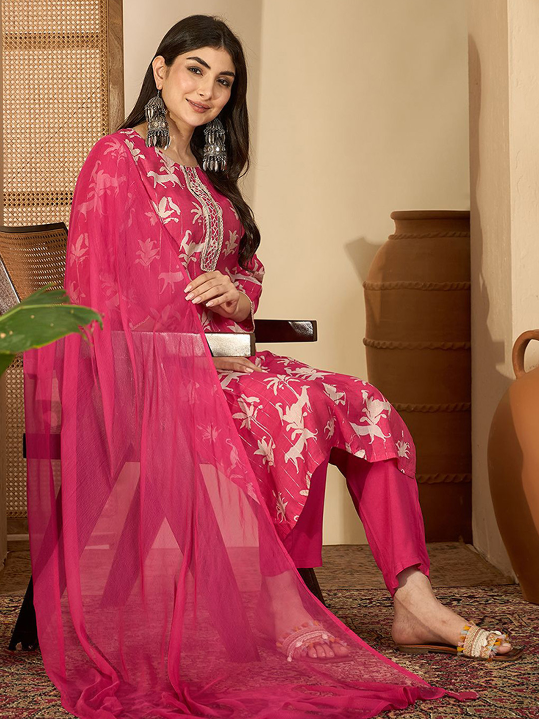 Sangria Floral Printed & Embellished Round Neck Straight Kurta & Trousers With Dupatta