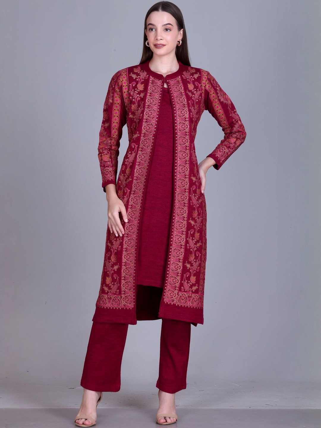Falicana Woven Design Band Collar Straight Kurta With Trousers & Shrug