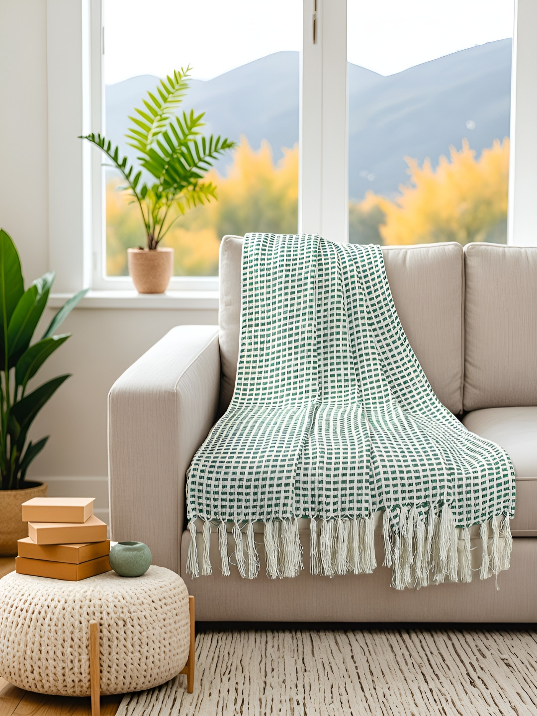 House This Girnar Green & White Self-Designed Pure Cotton Tasselled Throws